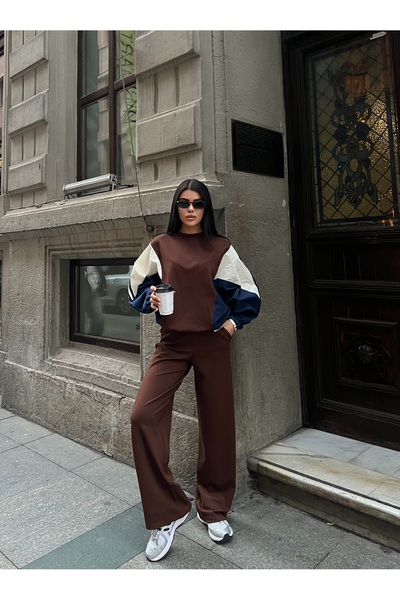 Bak'ap Premium Trend Design Striped Sweatshirt-Wide Leg Pants 2-Piece Tracksu...