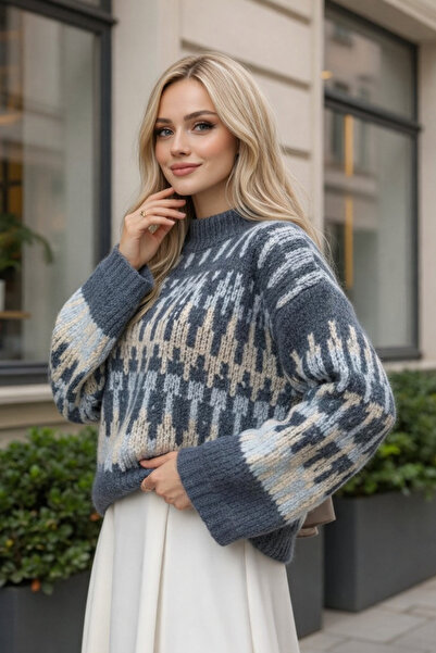 Kirazgym Women's Three Color Ethnic Patterned Knitwear Sweater - Indigo