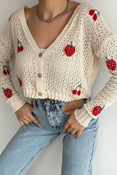 Swana Women's V-Neck Cherry and Strawberry Button Closure Long Sleeve Knitwea...