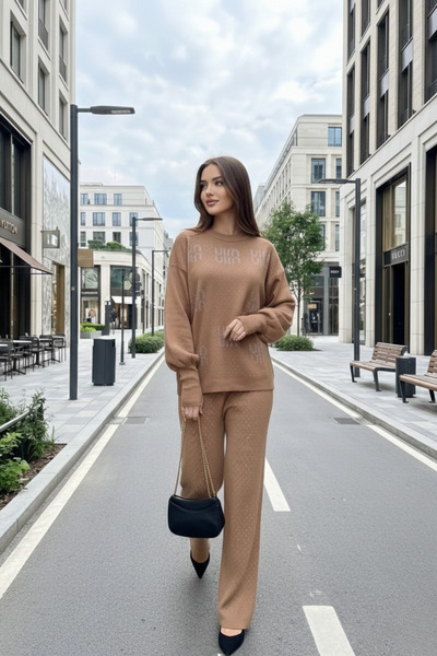 NEWCO طقم ملابس نسائي من Stone مطبوع مكون من قصة فضفاضة قطعة سترة وبنطلون