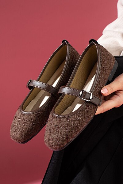 FUGA MODA Camelia Brown Glitter Fabric Nickel Buckle Belt Strap Ballerinas