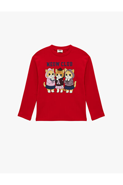 Koton Crew Neck Cotton Cat Printed Long Sleeve T-Shirt