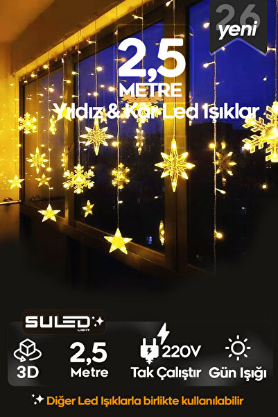SULED Kar Tanesi Yıldız Led Işıklar 220V Gün Işığı 3D Süsleme Ledleri Perde C...