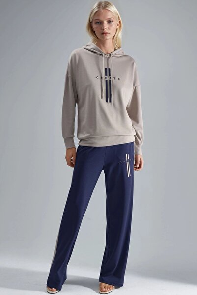 Hiccup Modal Textured Hooded Sweatshirt and Striped Detail Pants Set Bersan C...