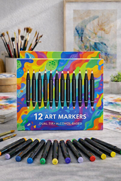 DİVAYS 12 Renk Çift Uçlu Keçeli Marker Seti – Kalın & İnce Uç Profesyonel Çiz...