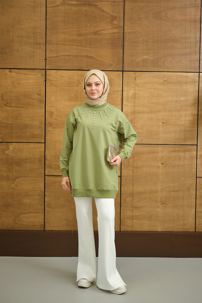 LOCCO Γυναικείο τουνίκ με λεπτομέρεια από πέτρα στο λαιμό, πράσινο