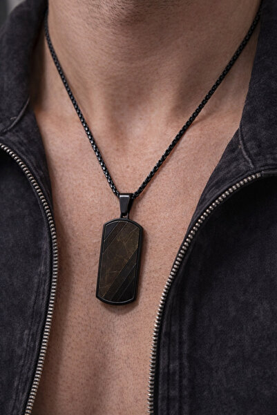 liore dünyası Erkek Siyah Plaka Kolye Metal Zincir Modern Tasarım