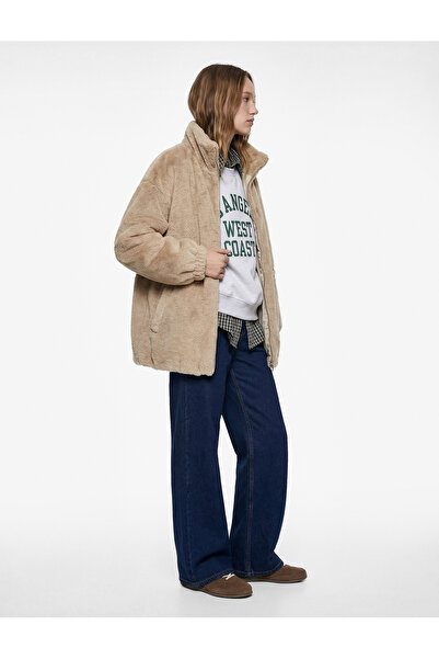 Koton Mock Neck Plush Jacket with Zipper Pocket Detail and Elastic Waist