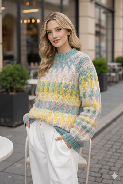 Kirazgym Women's Three Color Ethnic Patterned Knitwear Sweater - Mint