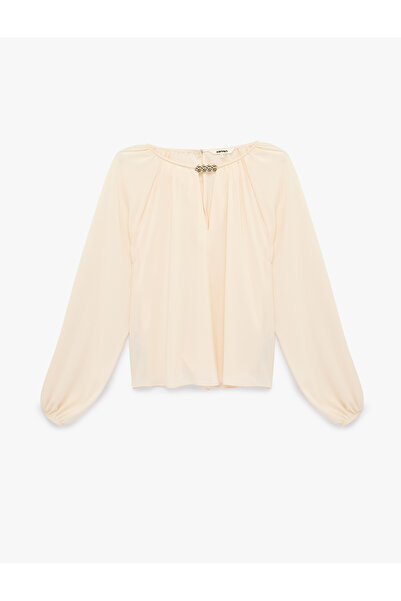 Koton Chiffon Blouse with Long Balloon Sleeves and Accessory Detail