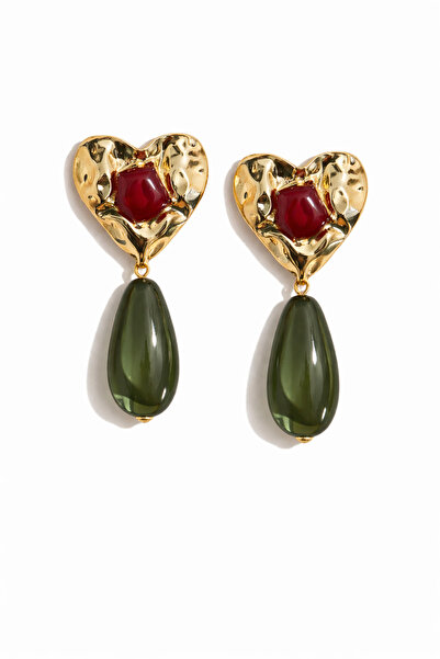 PABALAS Women's Gold Heart Detailed Green Drop Dangle Earrings