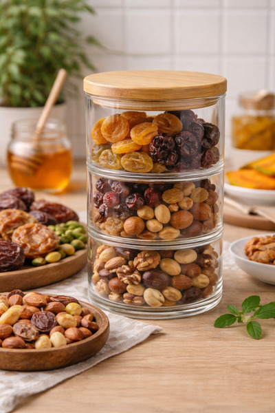 Durina Living 3 Katlı Cam Baharatlık ve Çerezlik | Bambu Kapaklı Lokumluk Kah...