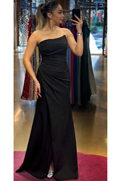 esmodaabiye ABİYE-Siyah Anvelop Yırtmaçlı Düz Kesim Krep Uzun Abiye Elbise