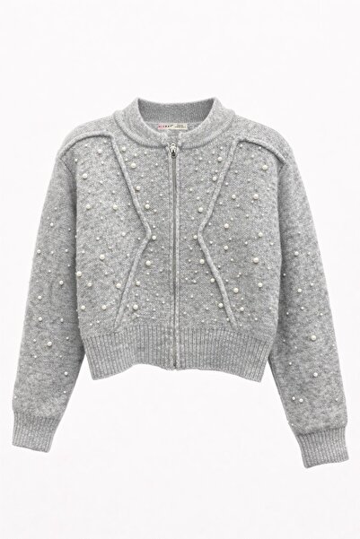 Mixray 2044 women's pearl detailed patterned knit cardigan gray