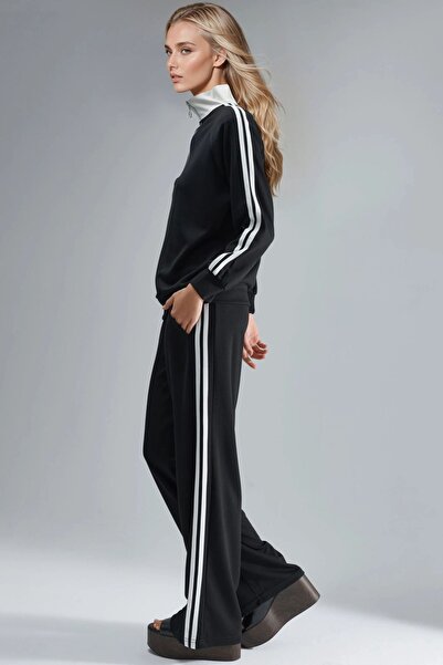 Hiccup Modal Textured Zippered Collar Striped Wide Leg Two-Piece Suit Berşan ...