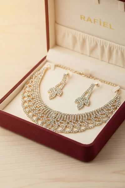 rafiel Altın Kaplama Zirkon Taşlı Gelin Takı Seti - Işıltılı Gerdanlık ve Küp...