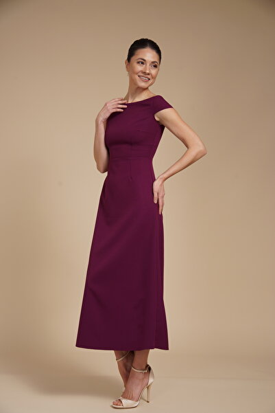 Velinna Rochie midi elegantă, cu linie A, din crep elastic, cu decolteu Bardot