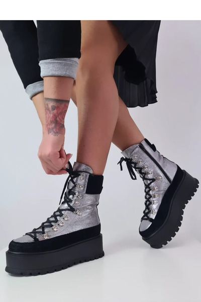 GARKONY Black genuine leather boots with silver trim