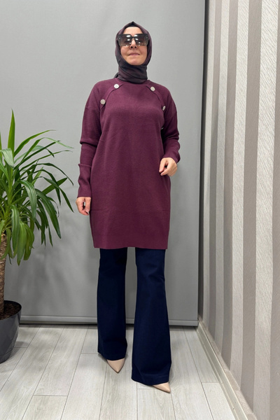 Ghisa Button Detailed Knitwear Tunic Plum 26Kobtnk4814