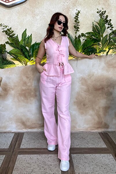 LEVURE بنطلون موسلين بخصر مطاطي - وردي وردي