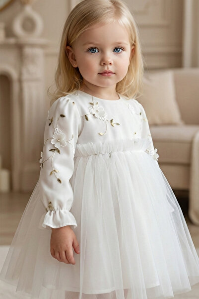 ALYRA Kız Bebek Elbise Uzun Kollu Tüllü Tütü 3D Çiçekli Özel Gün Doğum günü D...