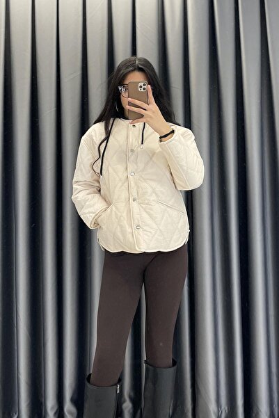 LEVURE Kapüşonlu İç Sweat Detay Kısa Mont - Taş TAŞ