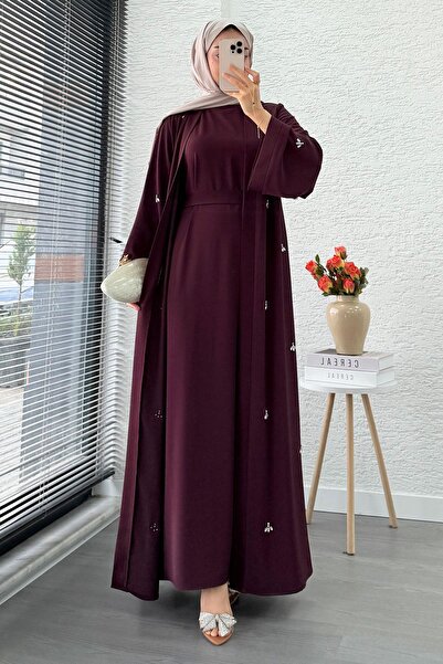MELEK ARAZ Stone Embroidered Double Abaya Set - Plum