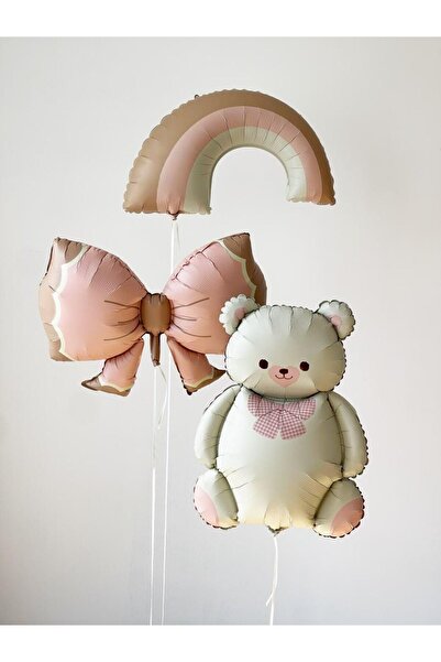 Çemrek Süs Parti Baby Girl Foil Balloon Set Bear Rainbow and Bow Foil Balloon...