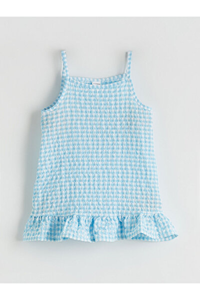 LC Waikiki Μπλε τετράγωνο γιακά καρό φόρεμα με βολάν για κορίτσια