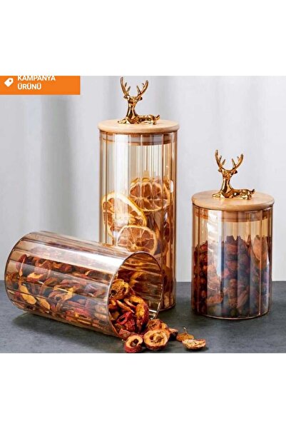 MRK 3 lü Set Geyik Kulplu Bambu Vakumlu Kapaklı Cam Baharatlık Çok Amaçlı Kah...