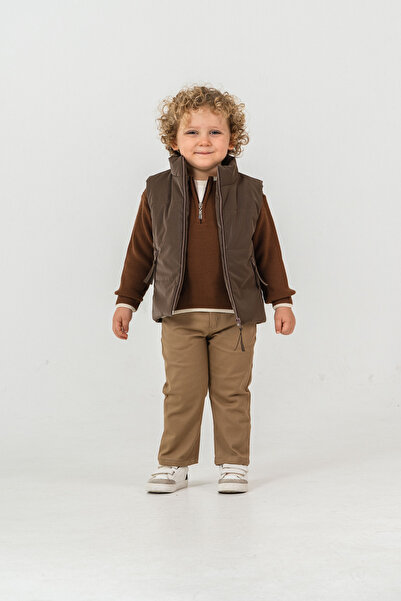 LUCY EXCLUSİVE طقم تريكو بني مكون من 4 قطع (بنطلون؛ تي شيرت؛ سترة؛ صدرية) للأ...