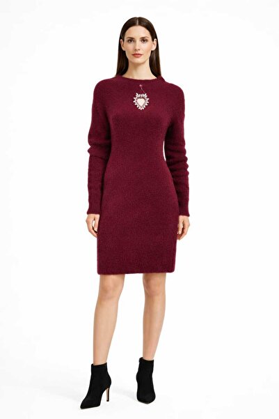 Charly Butik Kalp Taşlı Uzun Kollu Kayık Yaka Triko Elbise