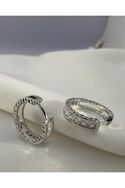 Samu Accessories Tırtıklı Kenar Gümüş Kanal Taşlı Küpe - Silver Diamond Cut C...