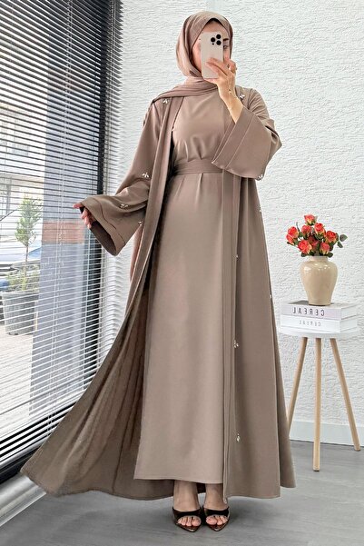 MELEK ARAZ Stone Embroidered Double Abaya Set - Mink