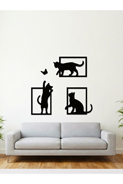 Flay3d 3 Parça Dekoratif Kedi ve Kelebek Temalı Duvar Dekoru - Modern Tasarım