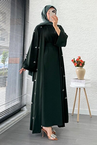 MELEK ARAZ Stone Embroidered Double Abaya Set - Emerald