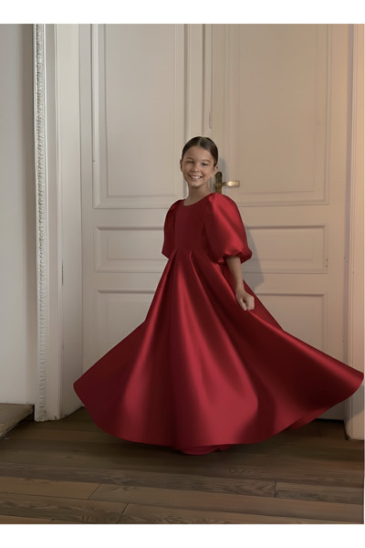 Asel Kids Дългоръкавна рокля с балонни ръкави и панделка за момичета, семпла ...