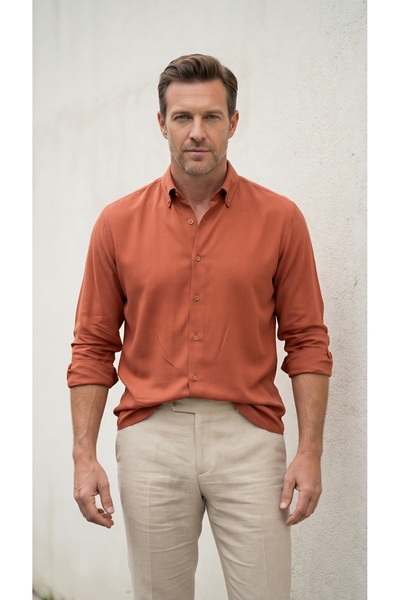 alenmeza Men's Brick Color Button down Collar Pocketless Casual Modal Shirt