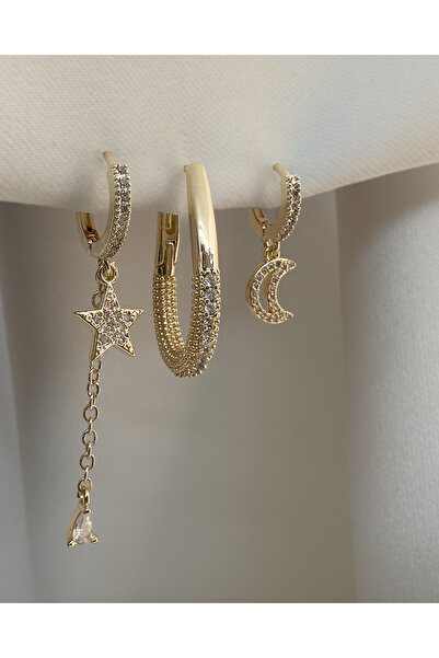 Samu Accessories Gökyüzü Temalı Taşlı Üçlü Çelik Küpe Seti - Golden Celestial...