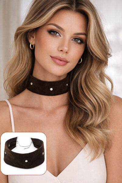SYAZE Metal Detailed Suede Choker Necklace – Bitter Brown 4 cm Width