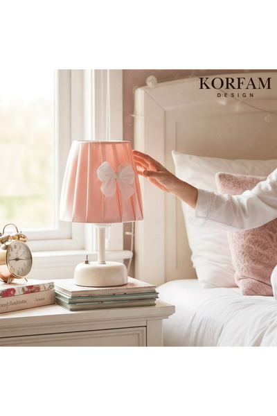 KorFam Pembe Saten Kumaş Kız Çocuk Odası Pilli Masa & Gece Lambası