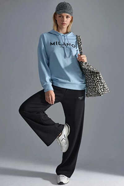 Hiccup Modal Textured Hooded Embroidered Long Wide Leg Double Suit Berşan Col...