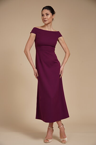 Velinna Elegant A-line midi dress in stretch crepe with bardot neckline