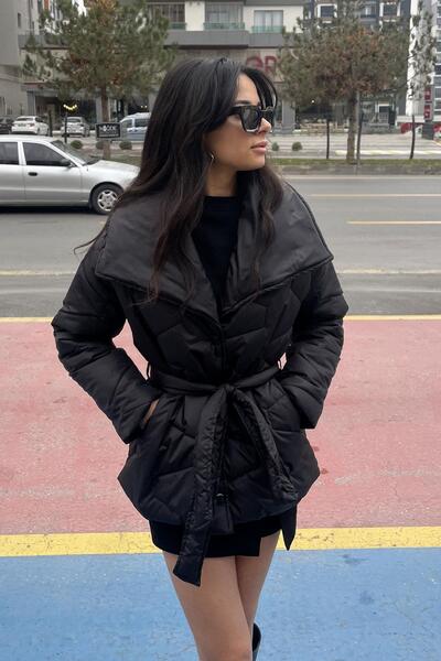 LEVURE Geniş Yaka Kapitone Şişme Kısa Mont - Siyah SİYAH