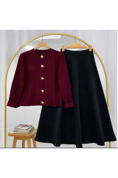 MODA VEDAT Women's Button Detailed Knitwear Cardigan - Puff Scuba Skirt Set