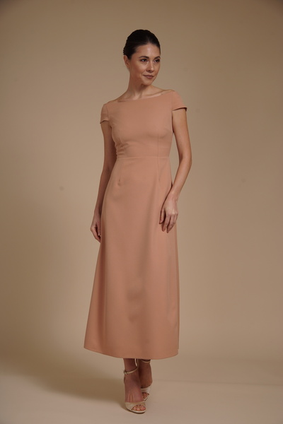 Velinna Elegant A-line midi dress in stretch crepe with bardot neckline