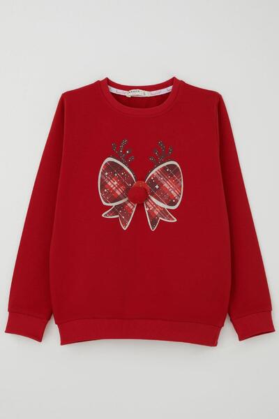 Breeze Girl's Sweatshirt with Pompom and Christmas Ribbon, Ages 6-12, Red