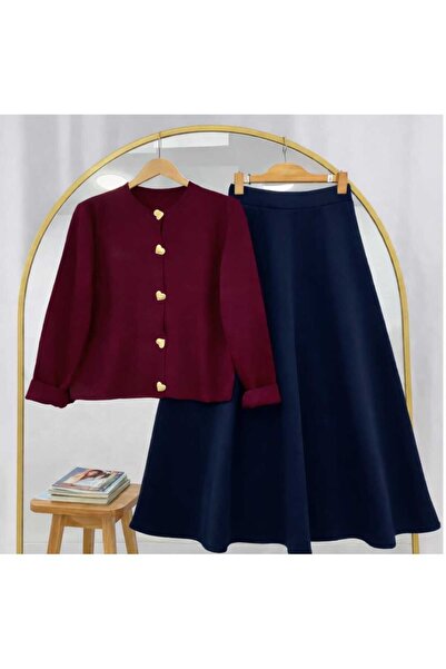 MODA VEDAT Women's Button Detailed Knitwear Cardigan - Puff Scuba Skirt Set