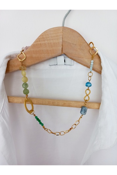 LemaStone Altın kaplama doğal taş el yapımı kolye ;akuamarin,yeşim,apatit ve ...