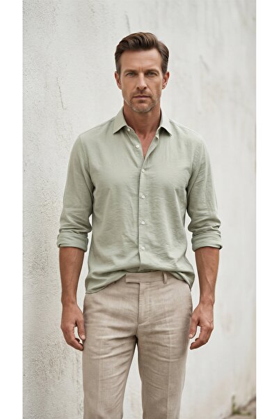 alenmeza Men's Green Buttoned Collar Pocketless Casual Modal Shirt